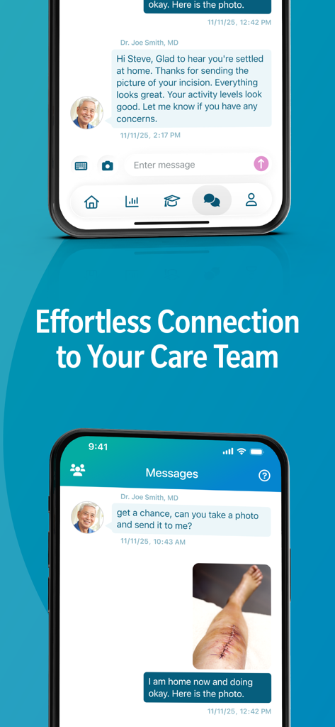 mymobility Patient App - Pantalla de teléfono inteligente que muestra la interfaz de mensajería segura de la aplicación mymobility entre un paciente y su médico para el seguimiento de la recuperación quirúrgica.