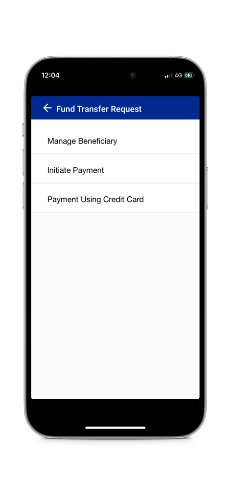 Écran de demande de virement de fonds de l'application MHC Mobile montrant les options de gestion des bénéficiaires et d'initiation de paiement