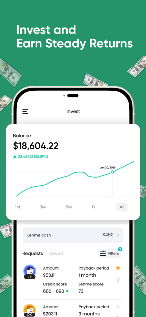Lenme mobile app screen showing investment balance and loan request feed
