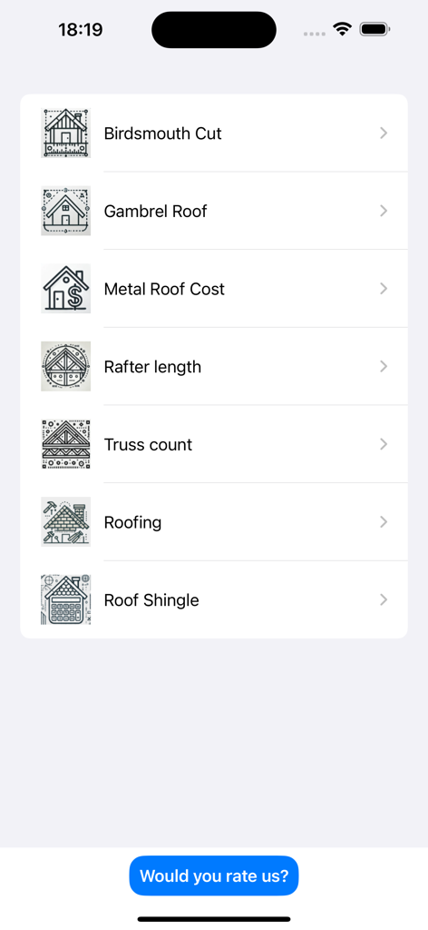 Construction Roofing calc - Main menu of the Construction Roofing calculator app listing various tools like rafter length and truss count