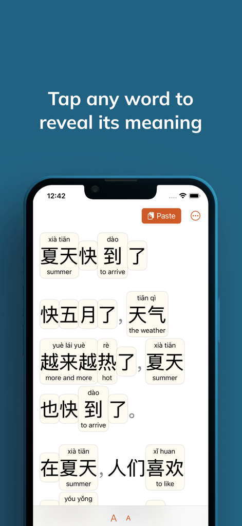 Wen - Chinese Character Origin - Interface du lecteur de l'application Wen montrant du texte chinois avec pinyin en ligne et définitions anglaises.