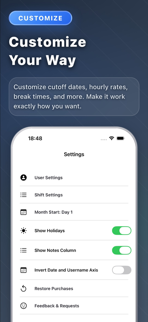 TapShift - Shift manager - Schermata delle impostazioni dell'app TapShift che mostra le opzioni di personalizzazione per gli orari dei turni e le preferenze di visualizzazione.