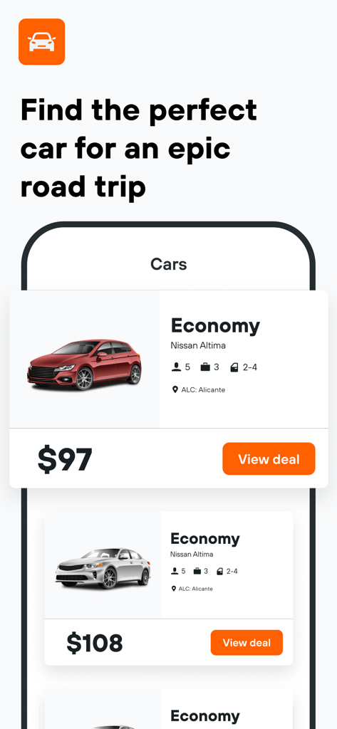 Interface do aplicativo KAYAK exibindo ofertas e preços de aluguel de carros econômicos para viagens rodoviárias