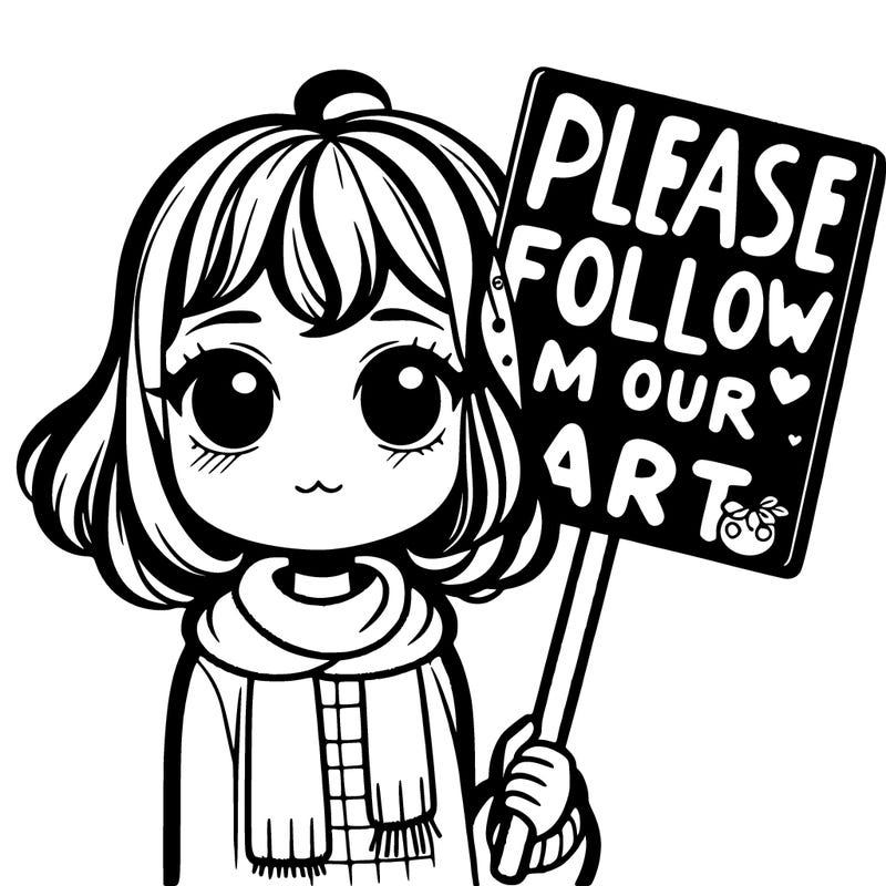 a girl holding a sigh that says , please follow my art