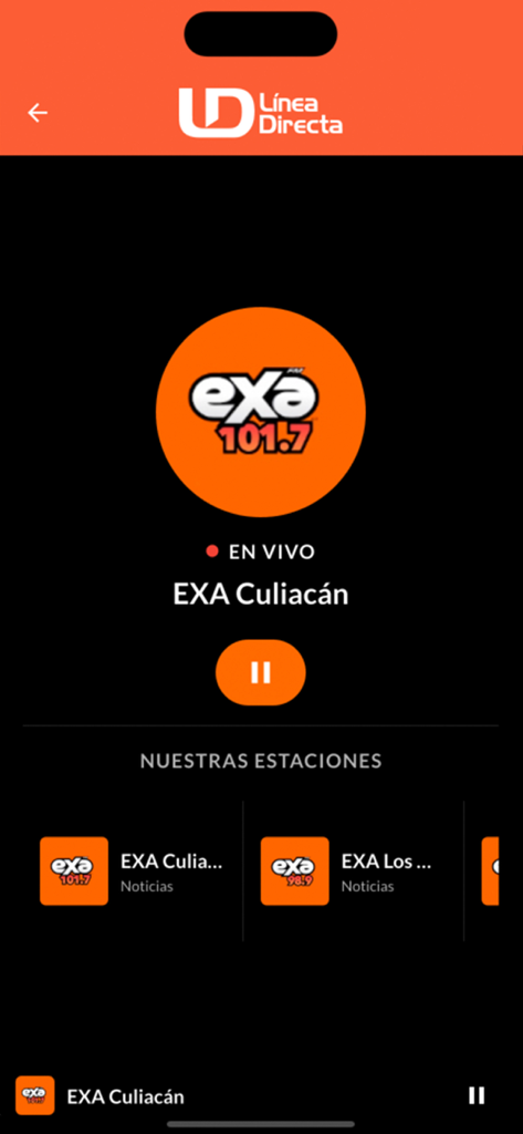 Línea Directa - Interfaz del reproductor de radio en vivo en la aplicación Línea Directa con la estación EXA Culiacán