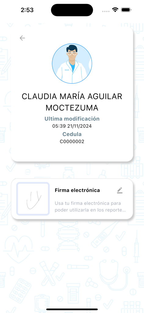 Vista del perfil del médico en la aplicación INFOSALUD FIRMAS mostrando el nombre, credenciales médicas y sección de firma electrónica.