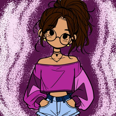 girl with a messy ponytail glasses a baggy crop top and jean shorts