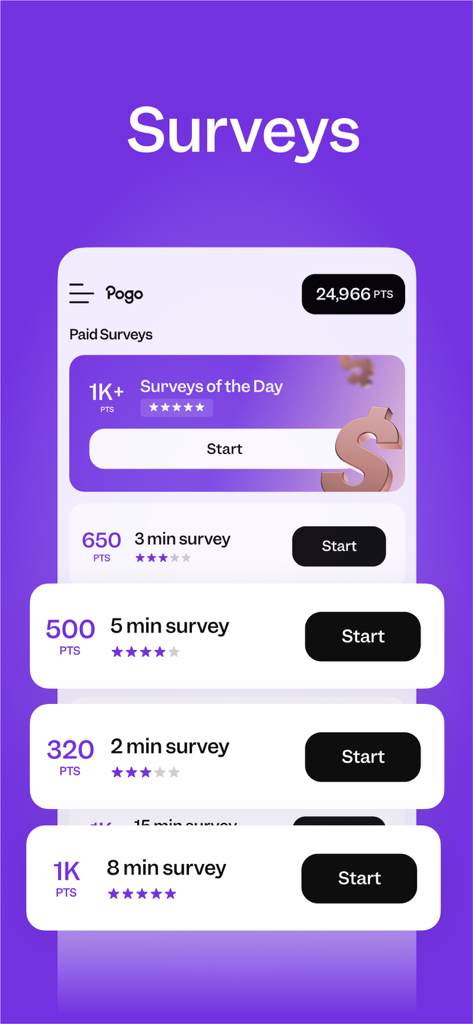 Pogo: Earn Cash & Rewards - Interface móvel do aplicativo Pogo mostrando uma lista de pesquisas pagas com recompensas em pontos e tempos estimados de conclusão.