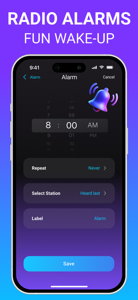 Radio FM & AM: All Stations - FM 및 AM 라디오 모바일 앱 내에서 라디오 알람 시계를 설정하는 인터페이스