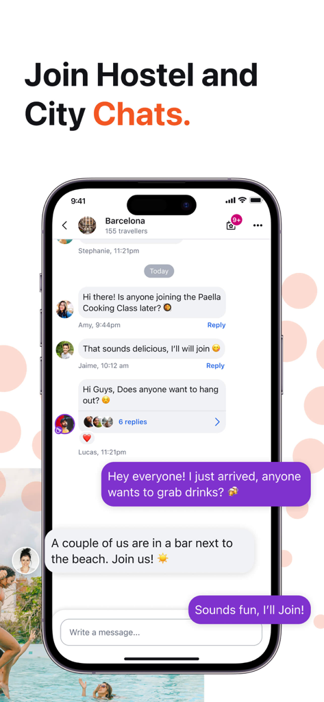 A smartphone screen showing the Hostelworld city chat feature with travelers planning a meetup in Barcelona