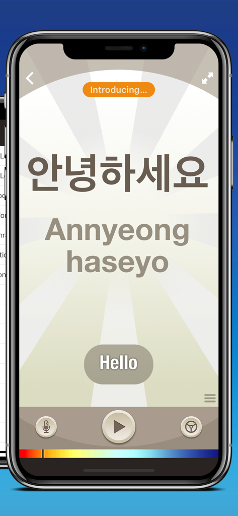 Korean by Nemo - Interface do aplicativo Korean by Nemo mostrando a palavra olá em coreano e fonética com controles de áudio
