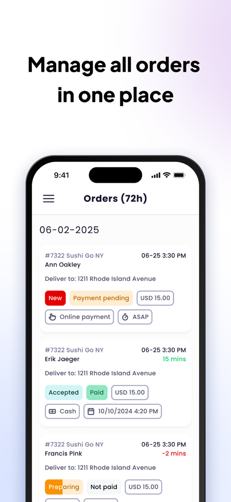 UpMenu mobile app interface showing a list of restaurant delivery orders with status tracking and customer details