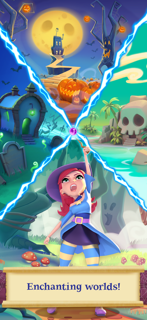Stella the witch casting a spell to reveal different enchanting game worlds