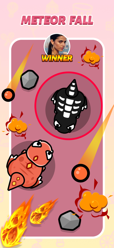 CoPlay: 2 Player Games Offline - CoPlay 앱의 Meteor Fall 미니게임 게임 플레이. 불덩이를 피하는 두 마리의 공룡이 표시됩니다.