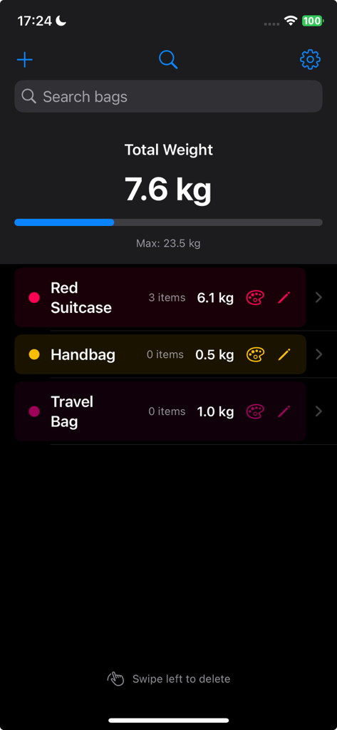 Bagga Calc app dashboard displaying total luggage weight and individual bag tracking with progress bars