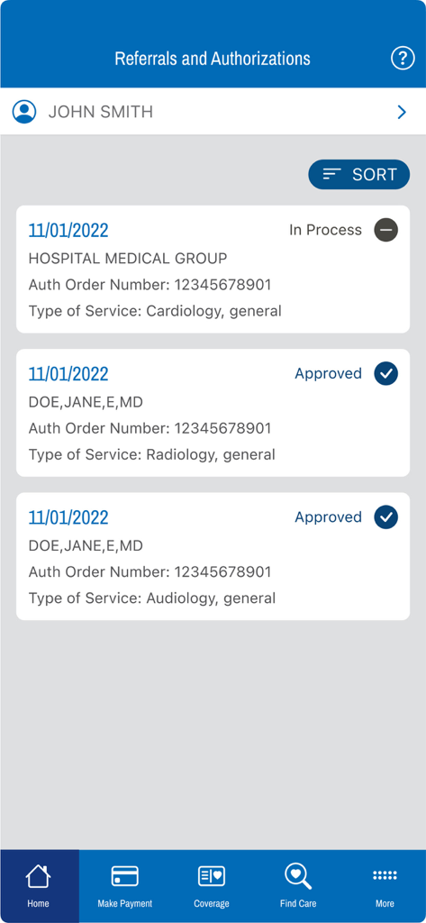 TRICARE East app screen displaying the status of medical referrals and authorizations for a user.
