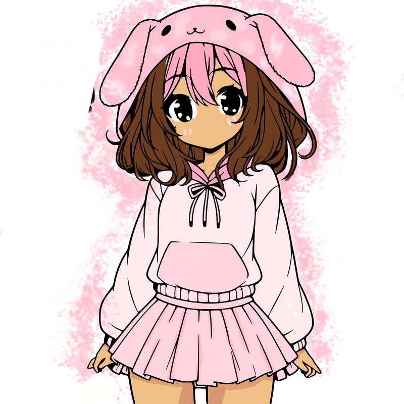 pretty anime girl wearing a fluffy hoodie with bunny ears on the hood and a skirt