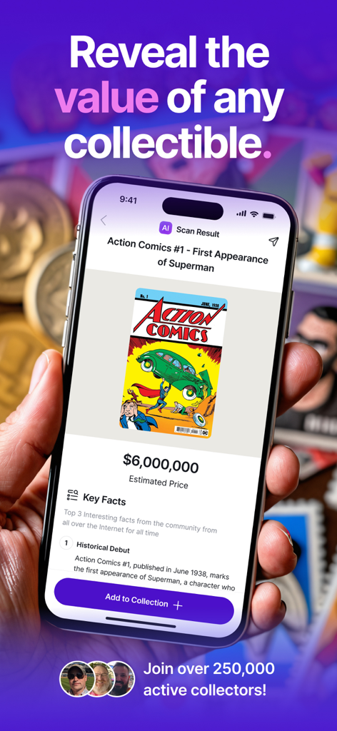 Tela de aplicativo móvel mostrando a avaliação de seis milhões de dólares de uma Action Comics número um do Superman após um escaneamento de IA
