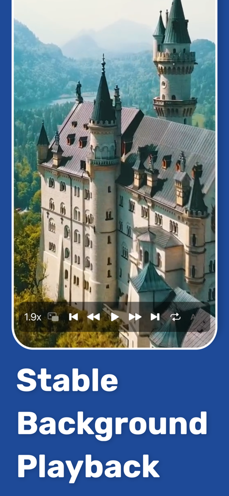 Mugen Player app interface showing a castle video and stable background playback text