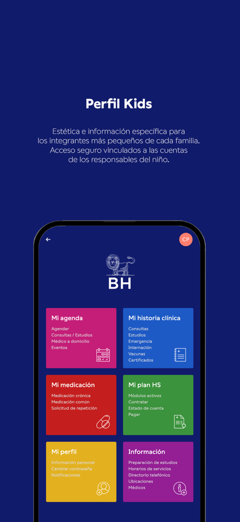 医療記録と予約のオプションがある「ペルフィルキッズ」画面を示すHospital Británicoアプリのインターフェース。