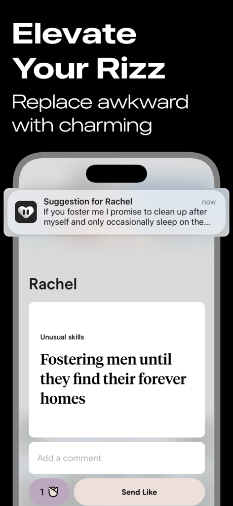 Pick up lines - TextWise - TextWise AI wingman suggesting a witty reply to a dating app profile prompt to elevate rizz