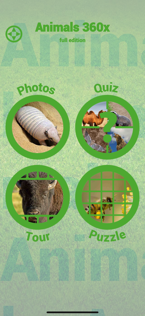 Animals 360x - Main menu of the Animals 360x educational app showing navigation options for Photos Quiz Tour and Puzzle
