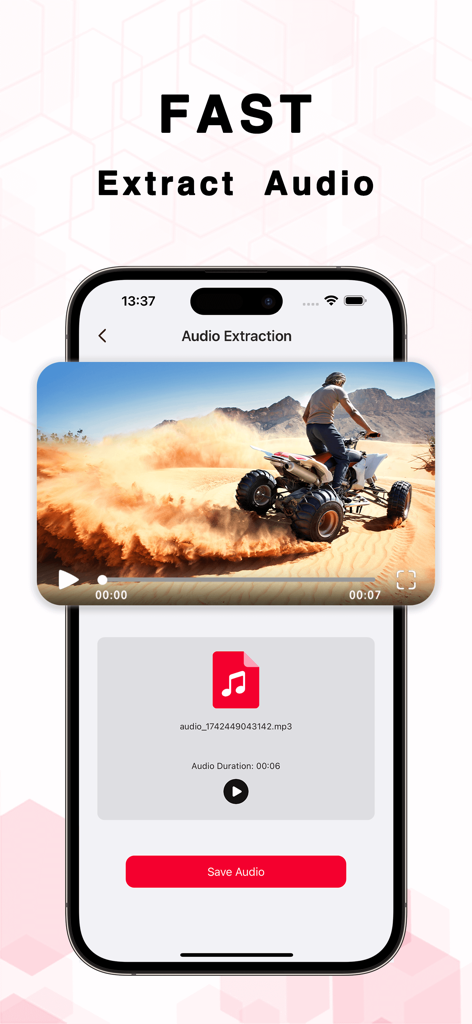 A smartphone interface showing the OcenAudio app extracting an mp3 file from a video of a person riding a quad bike.