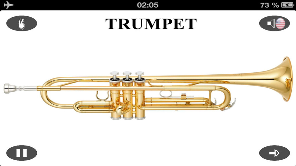 Instruments Free - Une trompette dorée sur fond blanc avec le mot TROMPETTE pour les enfants qui apprennent