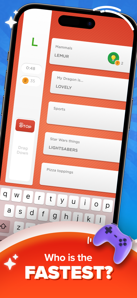 Stop - Categories Word Game - 文字Lでストップカテゴリー単語ゲームのゲームプレイが表示されたスマートフォンのディスプレイ。