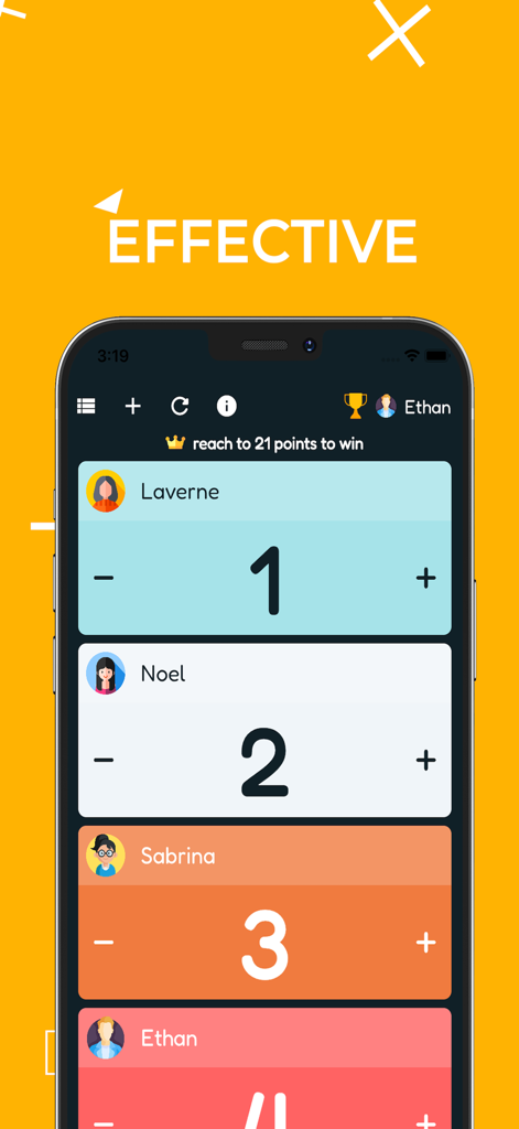 Score Counter app showing points for four players with a target to reach 21