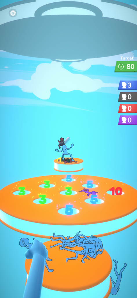 Grab and Throw - A player throws blue characters into scoring holes in the Grab and Throw mobile game.
