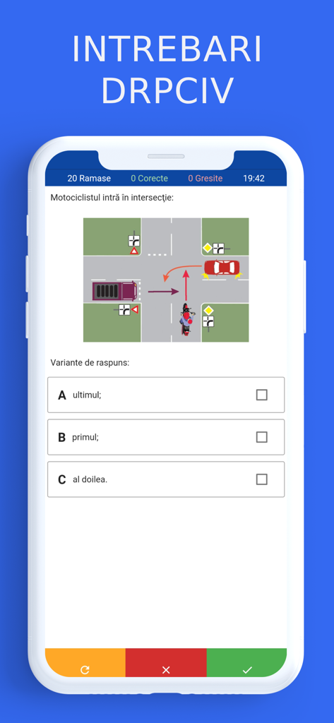 Chestionare auto A, A1, A2, AM - Mobile app interface showing a Romanian motorcycle license quiz question about intersection traffic rules
