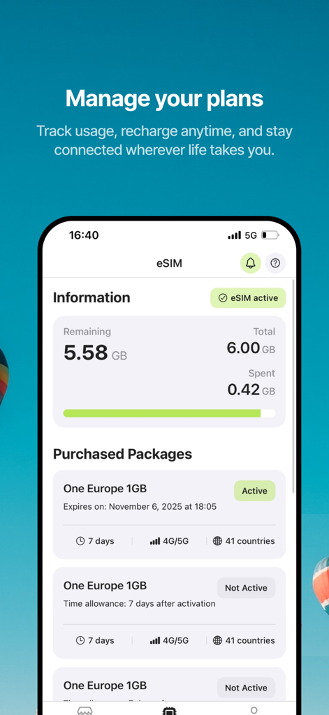 One Sim - Interfaz de la aplicación One Sim que muestra el uso de datos de eSIM activos y los paquetes de viaje.