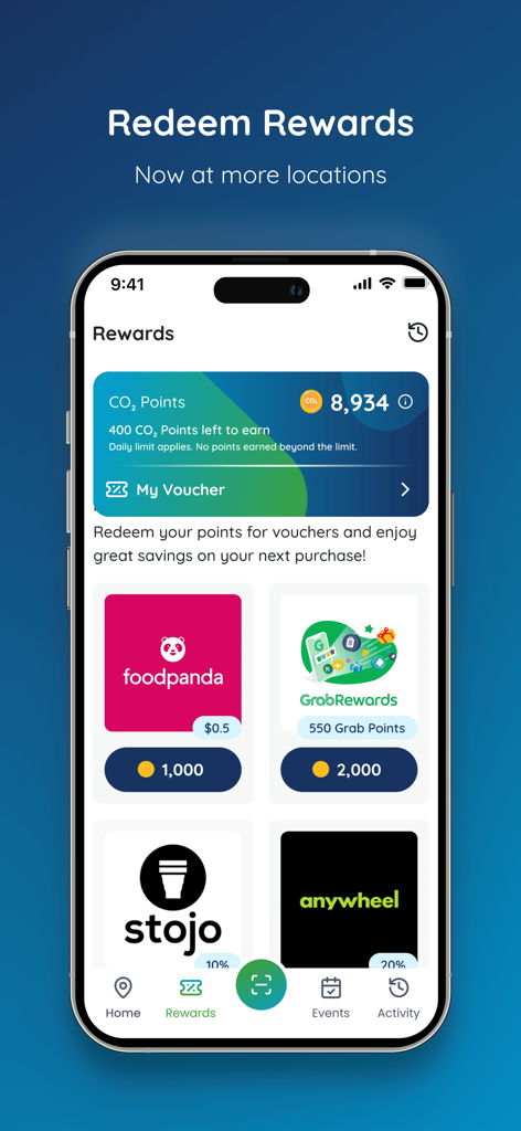 ALBA STEP UP - The rewards page of the ALBA STEP UP app showing a balance of CO2 points and available lifestyle vouchers from foodpanda and Grab.
