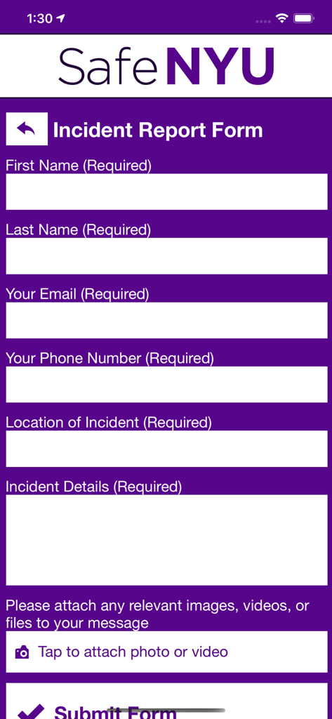 Formulario de Informe de Incidentes de la aplicación Safe NYU mostrando campos para información personal y detalles del incidente