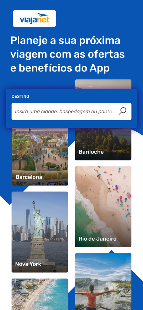 ViajaNet app home screen with a search bar and travel destination highlights like Rio de Janeiro and Barcelona