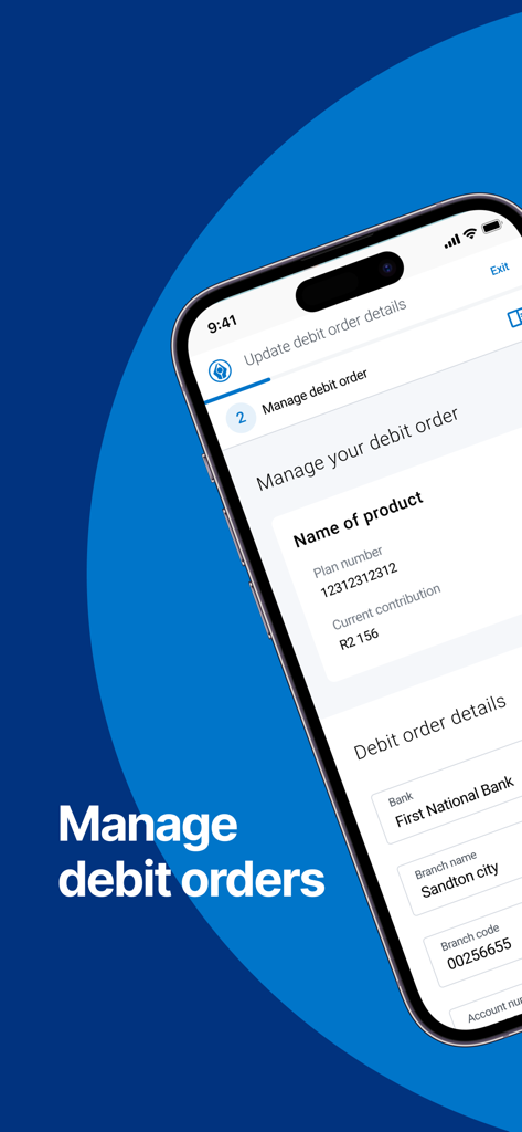 Sanlam Portfolio app screen for managing debit orders