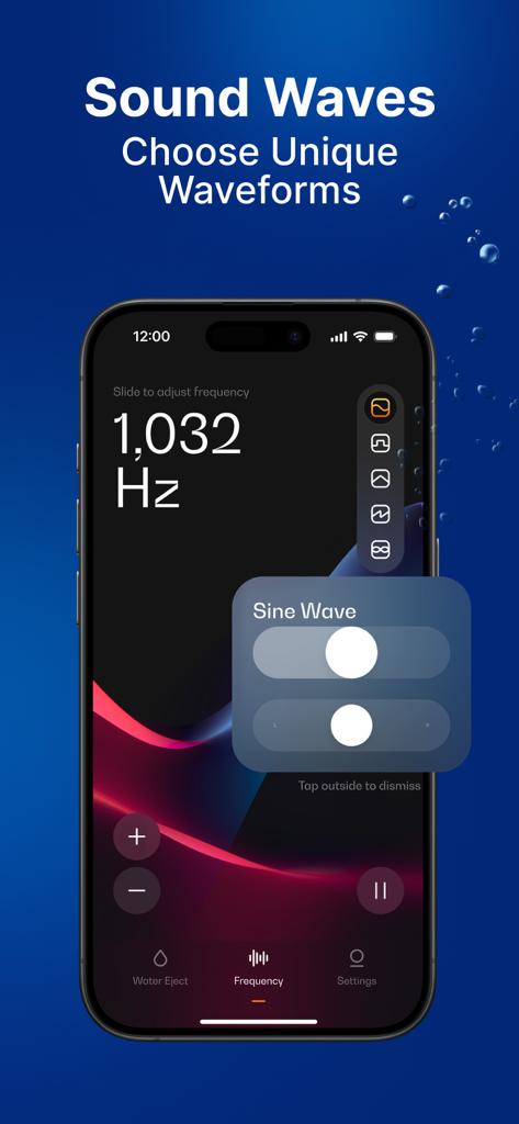 Sonic Tone Generator app interface showing options to choose unique sound waveforms and adjust frequency