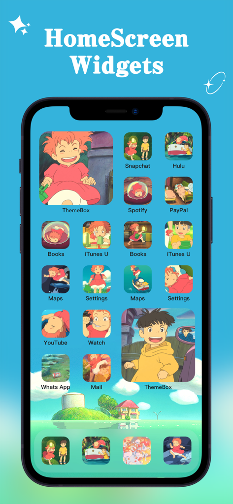 ThemeBox -Widgets,Themes,Icons - A customized iPhone home screen featuring anime character widgets and icons from the ThemeBox app