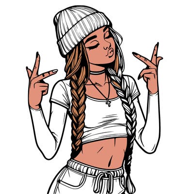 realistic teenage girl with braids and a beanie and crop top doing 🫶🏼