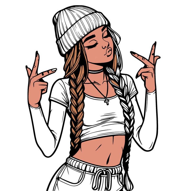 realistic teenage girl with braids and a beanie and crop top doing 🫶🏼