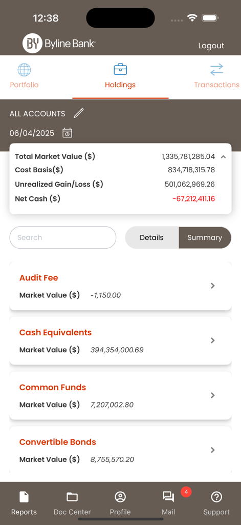 Byline Bank Wealth Mobile - Byline Bank Wealth Mobile app holdings screen displaying portfolio market value and asset categories