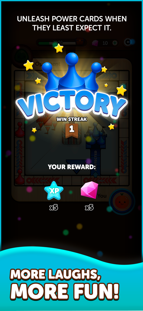 Victory screen of the My Bad mobile board game showing a win streak badge and earned rewards.