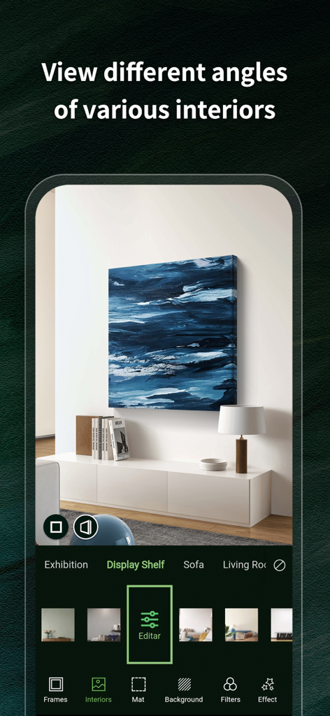 Frameit:Framed Art &Video edit - Frameit app interface showing a blue abstract painting mockup on a display shelf in a modern room