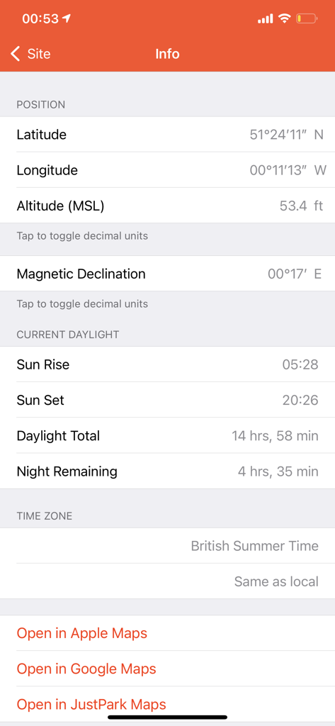 Windsock app screen displaying latitude, longitude, altitude, and daylight information for drone pilots.