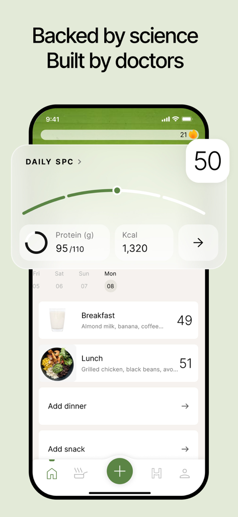 Hava – Lose weight, feel full - Interfaz de la aplicación Hava que muestra la puntuación de saciedad diaria y el seguimiento de la ingesta de proteínas