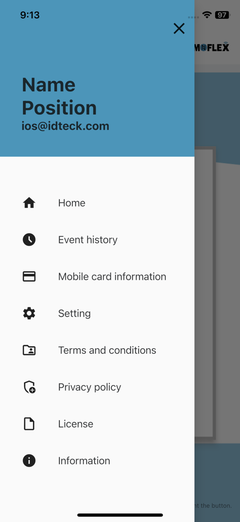 Moflex - Moflex app side navigation menu displaying user profile and access control options