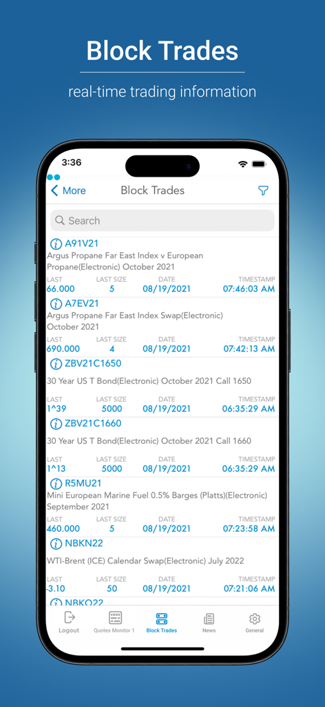 CME Group E-quotes의 모바일 인터페이스에 실시간 대량 거래 데이터가 표시됩니다.