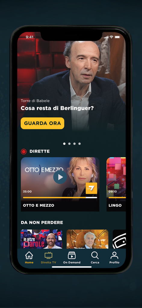 La7 - Schermata principale dell'app La7 con programmi televisivi italiani come Otto e Mezzo.