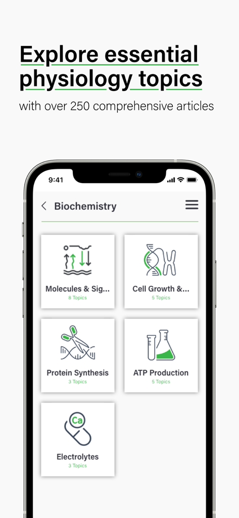 TeachMe Physiology: Human Body - Screenshot dell'app TeachMe Fisiologia che mostra un elenco di argomenti di biochimica come la sintesi proteica e la produzione di ATP.